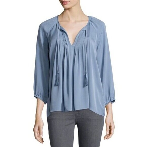 Joie Womens Brahm B Silk Blouse Sz S Daydreamer Blue Split Neck Boho Tassel Tie - Picture 1 of 8